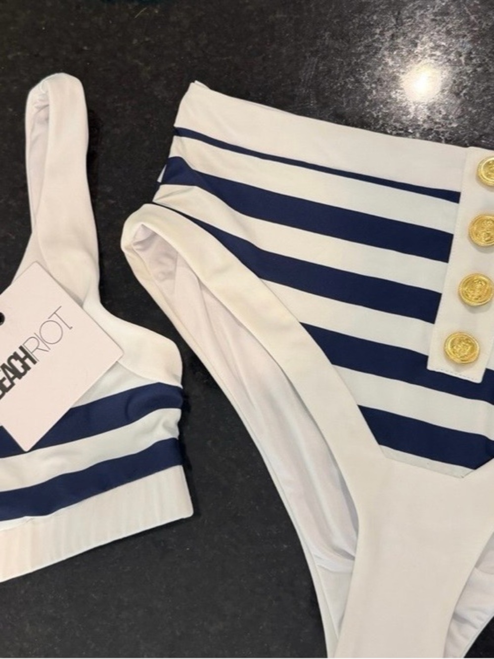 Beach Riot White & Navy Striped High-Rise Bikini with Gold Buttons